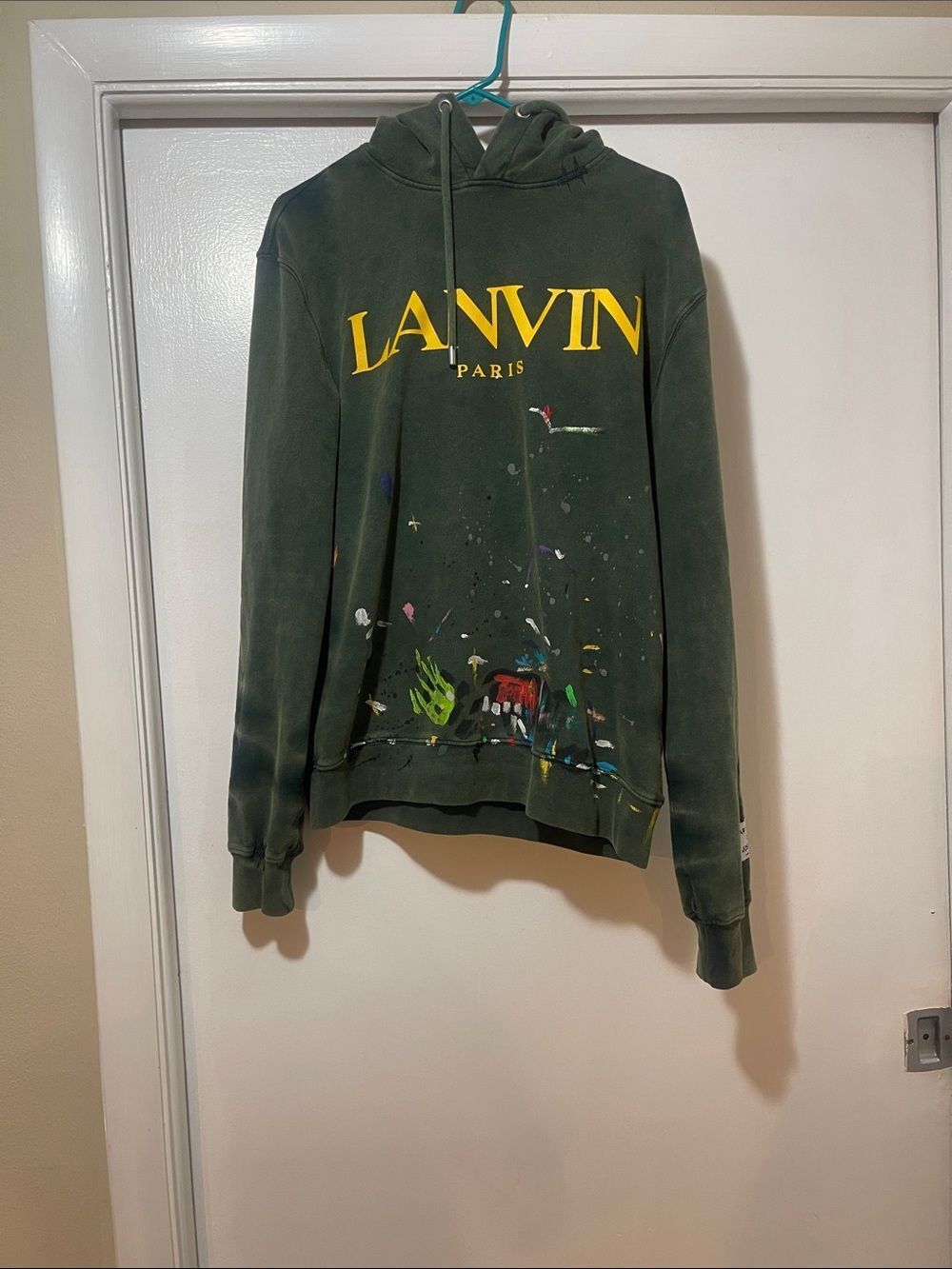 Lanvin X GALLERY  Green Hoodie with Yellow Logo and Paint-Splatter MEDIUM
